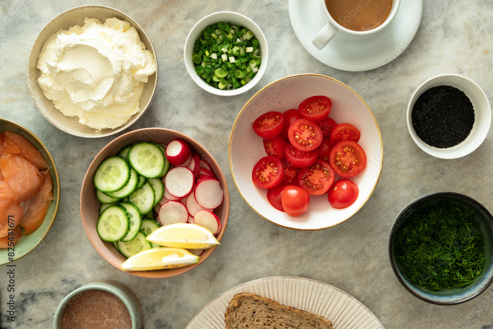 Tomatoes, radish and cucumber garnish for salmon toast Tomatoes, radish and cucumber garnish for salmon toast