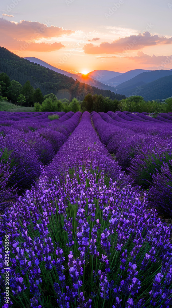 Fototapeta premium Serene Lavender Field at Sunset in Puimoisson, Provence, France - Vibrant Blooming Rows with Calm Summer Sky and Scenic Hills