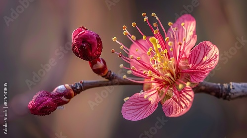 Close Up of a Flower on a Tree Branch. A detailed view of a flower blooming on a tree branch, showcasing vibrant colors and intricate details photo