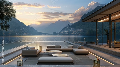 An opulent outdoor lounge overlooking a serene lake and mountains at dawn.for luxury travel and real estate photo