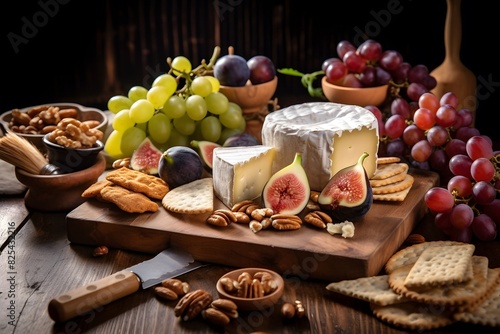 Elegant cheese platter with assorted fruits, nuts, and crackers.	Elegant cheese platter with assorted fruits, nuts, and crackers.