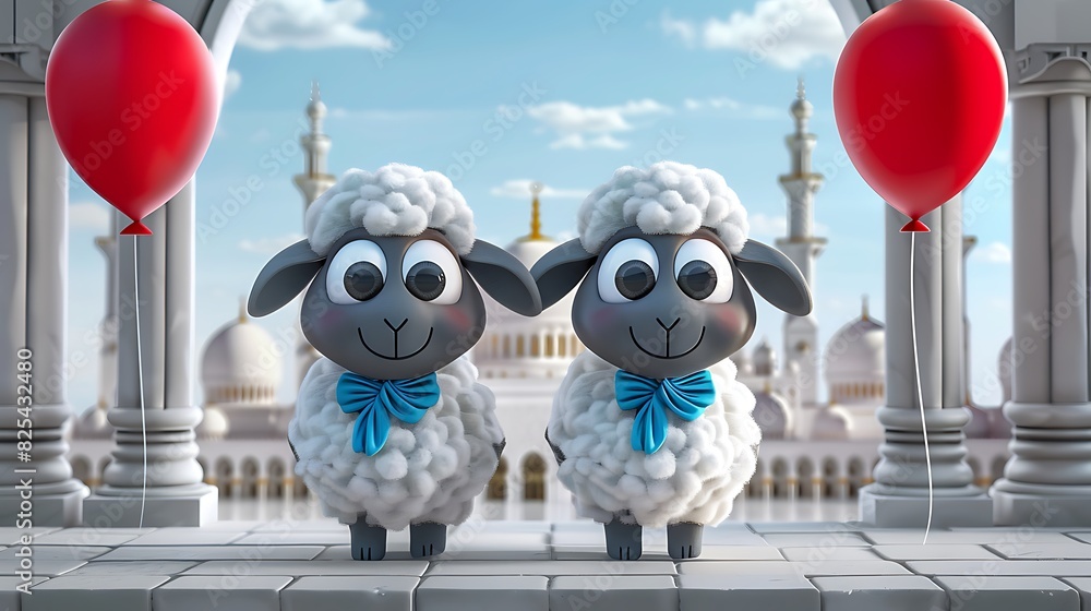 Obraz premium sheep, greeting, islam, three-dimensional, eid, celebration, decoration, background, islamic, muslim, ramadan, sacrifice, illustration, animal, holiday, arabic, happy, design, children, festival, lant