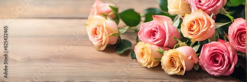 An elegant bouquet of roses on the wooden floor. A banner with a place for the text.