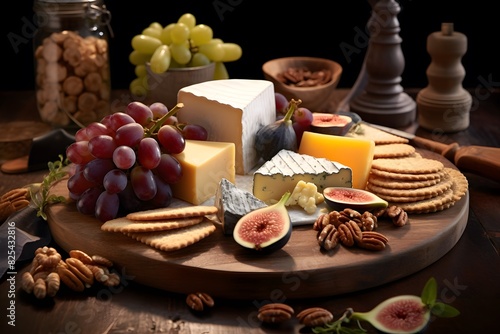 Elegant cheese platter with assorted fruits, nuts, and crackers. Elegant cheese platter with assorted fruits, nuts, and crackers.