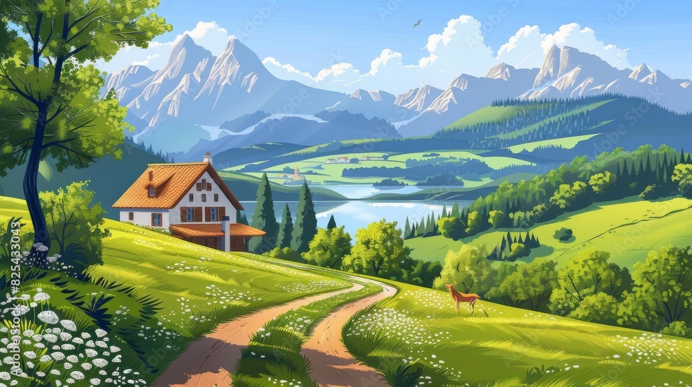 illustration of a rural house in the countryside with green meadows, dirt roads and a lake at the foot of the mountains illustration of a rural house in the countryside with green meadows, dirt roads and a lake at the foot of the mountains
