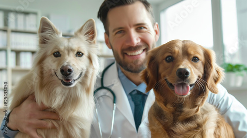 Smiling vet doctor with dogs 