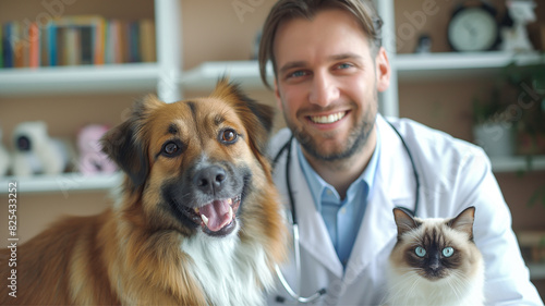 Smiling vet doctor with dog pet and fluffy cat