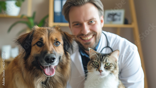 Smiling vet doctor with dog pet and fluffy cat