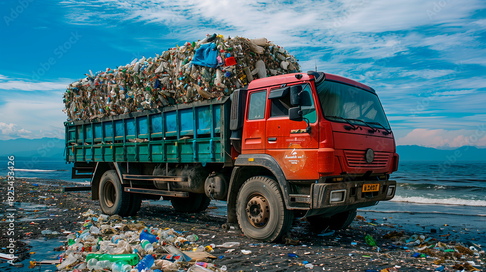 Truck full loaded with plastic waste on a beach take waste out or bring ...
