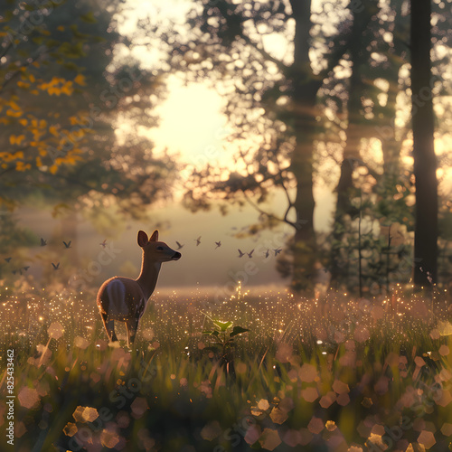 Serenity of Dawn: Deer in a Misty Meadow Embraced by Nature's Soft Symphony and Tranquil Acoustic Harmony