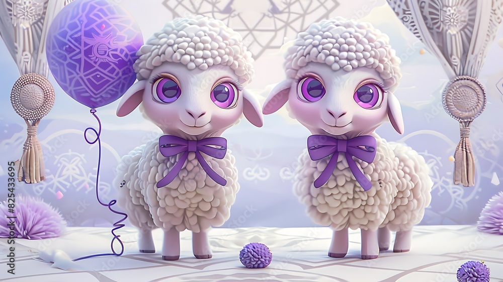 Obraz premium sheep, greeting, islam, three-dimensional, eid, celebration, decoration, background, islamic, muslim, ramadan, sacrifice, illustration, animal, holiday, arabic, happy, design, children, festival, lant