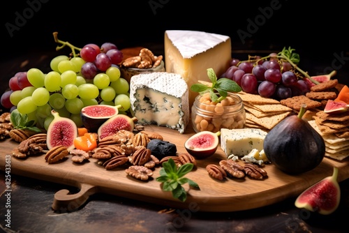 Elegant cheese platter with assorted fruits, nuts, and crackers. Elegant cheese platter with assorted fruits, nuts, and crackers.