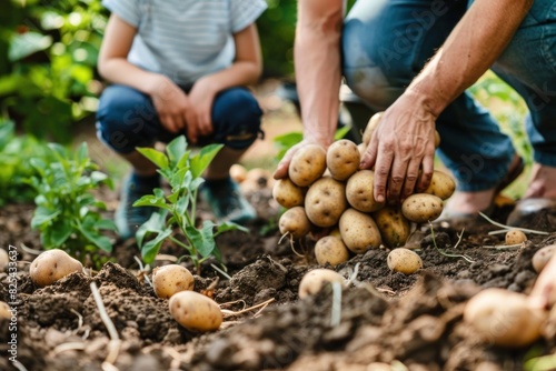 Family harvesting potatoes in their home garden, with children and adults working together to gather the produce.