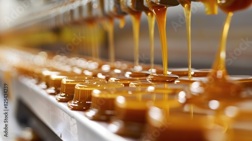 Caramel pouring over a production line of desserts in a factory photo