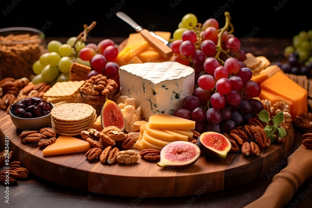 Elegant cheese platter with assorted fruits, nuts, and crackers. Elegant cheese platter with assorted fruits, nuts, and crackers. Elegant cheese platter with assorted fruits, nuts, and crackers. Elegant cheese platter with assorted fruits, nuts, and crackers.