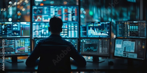 Stock trader intently analyzing market data on multiple computer screens in a dark, high-tech setting. Banner with copy space