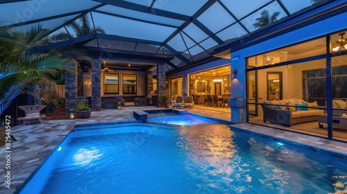 Luxury salt water pool and patio at night.