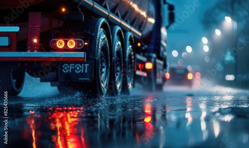 A truck driving on a wet ro...