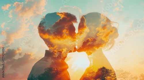 A captivating double exposure image blending two lovers with a majestic sunset photo
