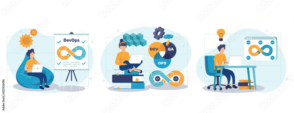 DevOps concept isolated person situations. Collection of scenes with programmers working on software development, operations process, technical support. Vector illustration in flat design DevOps concept isolated person situations. Collection of scenes with programmers working on software development, operations process, technical support. Vector illustration in flat design