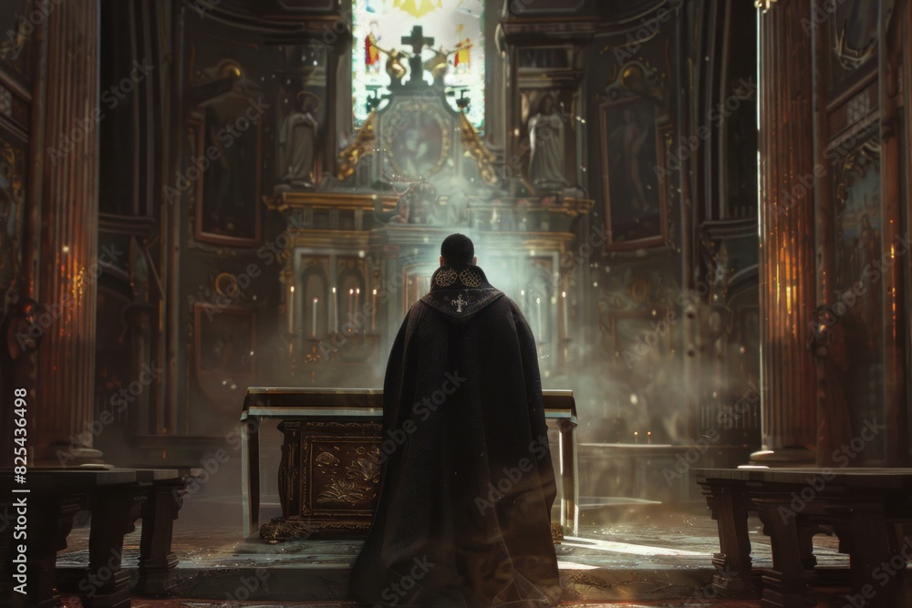 Cloaked person stands in prayer in a grand, sunlightfilled church interior