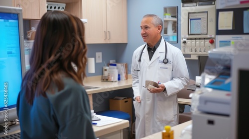 Professional doctor wearing lab coat while explain patient about medical treatment at clinic or hospital. Smart doctor talking or consulting with treatment plan or medicine used. Health care. AIG42.
