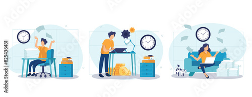 Deadline scenes bundle with people characters. Tired employees hurrying up on deadline at workplace, stressful situation and overtime work. Time management and effectivity flat vector illustration.