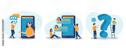 Customer support illustration set. Characters asking a questions, receiving answers from helpdesk operator, sharing user experience and giving customer feedback. Vector illustration.
