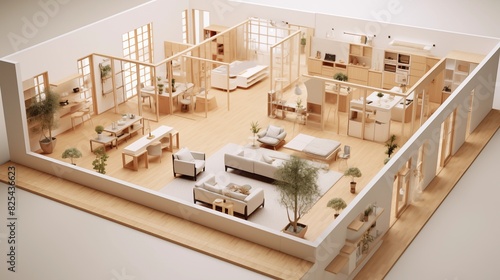 Isometric Vector of Muji House Open-Plan Living Space with Zen Corner An open-plan living space in a Muji house, featuring a zen corner with a minimalist design, natural materials, and a peaceful atmo