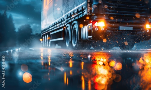 A truck driving on a wet ro...