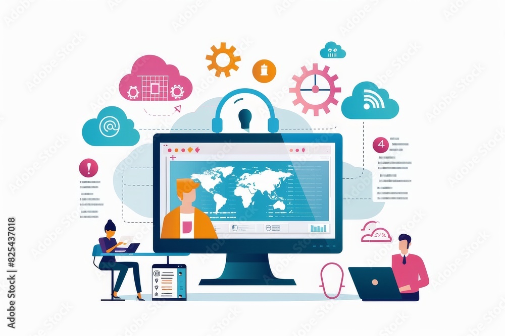 Futuristic digital workspace illustration with a lock icon on a computer screen, representing advanced cybersecurity measures and data protection in a high tech office Futuristic digital workspace illustration with a lock icon on a computer screen, representing advanced cybersecurity measures and data protection in a high tech office