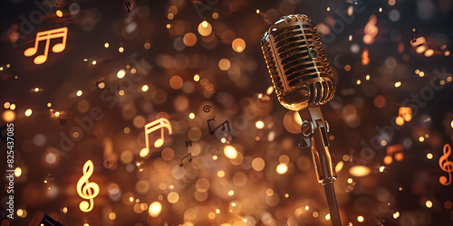 Vintage Microphone on Stage with Bokeh Lights and Lens Flare in Background,