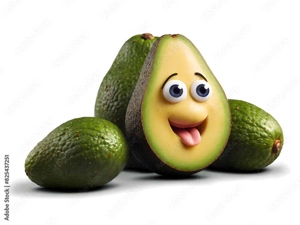 Funny live avocado with eyes smiling, healthy food, funny fruit, isolated on transparent background