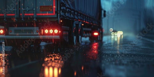A truck driving on a wet ro...