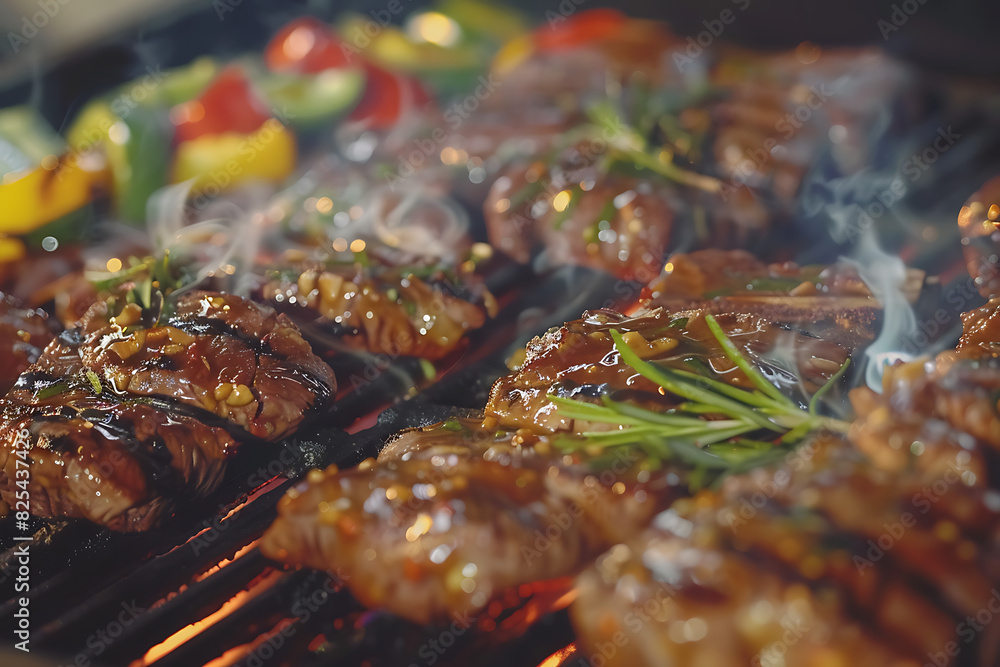 Macro shot of a sizzling barbecue grilling marinated meats and vegetables Macro shot of a sizzling barbecue grilling marinated meats and vegetables