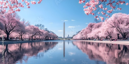 Iconic Monuments and Cherry Blossoms: A Panoramic View of Washington DC's National Mall. Concept Landscapes, Cherry Blossoms, Monuments, Washington DC, National Mall photo