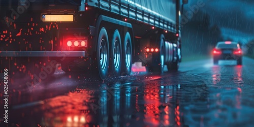A truck driving on a wet ro...