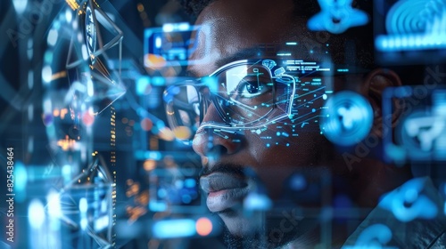 ai cyber security threat illustration with black african american it specialist and facial recognition concept digital collage