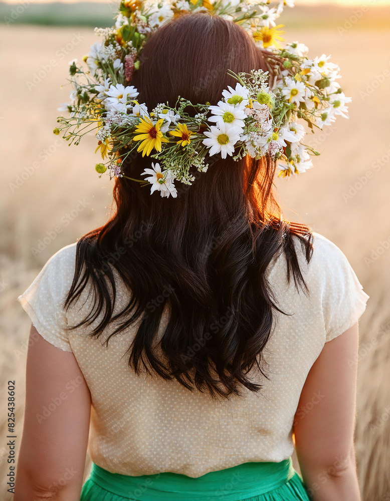 Naklejka premium A young woman with long hair adorned with a wreath of flowers poses her turned back against to yellow wheat field
