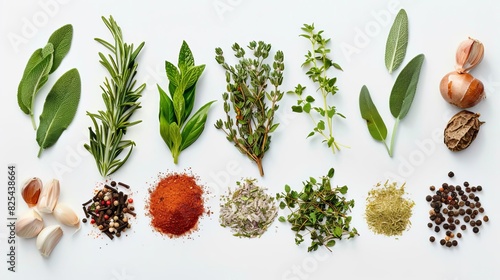 assortment of fresh herbs and spices on white background healthy cooking ingredients top view