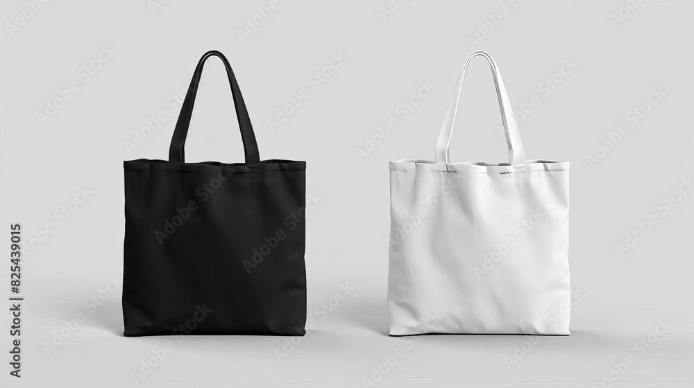 blank white and black tote bags mockup on grey background for advertising and branding 3d illustration blank white and black tote bags mockup on grey background for advertising and branding 3d illustration