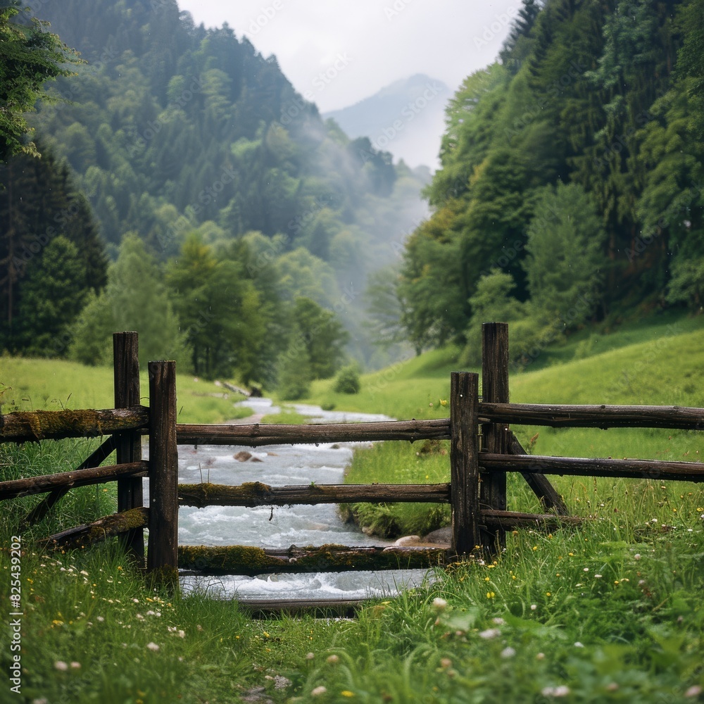 Wooden fence is located in the middle of green grass Wooden fence is located in the middle of green grass