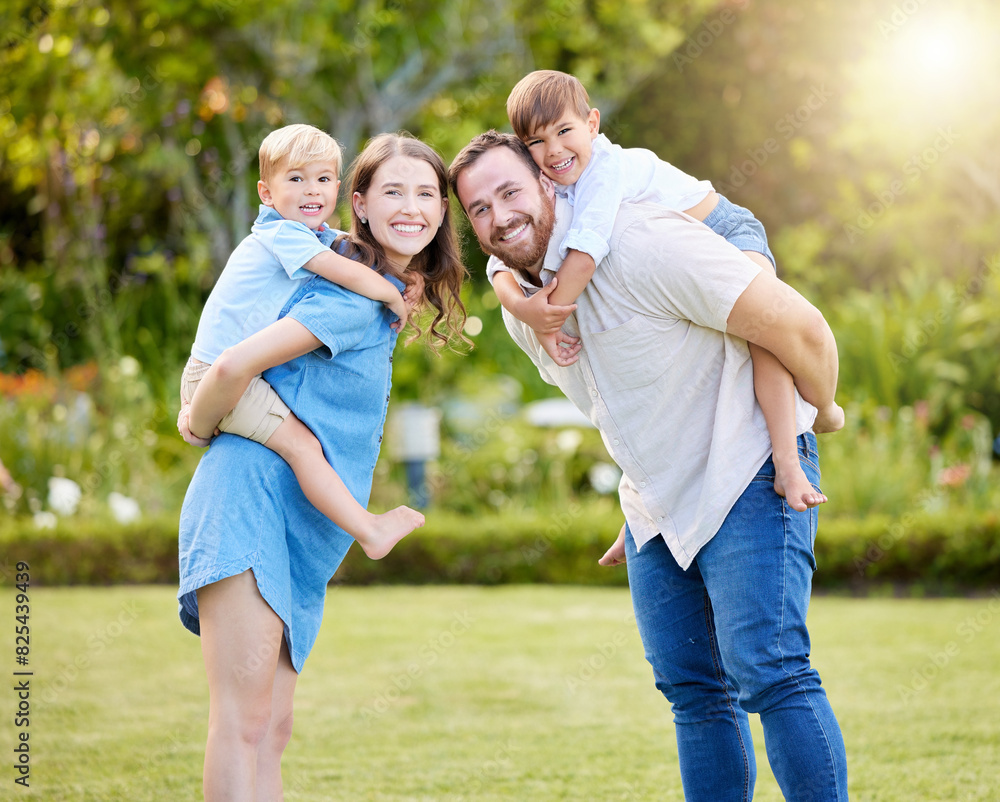 Fototapeta premium Smile, piggyback and portrait of family in nature with hug, love and care for bonding together. Happy, fun and boy children playing with parents in outdoor park, field or garden in Australia.