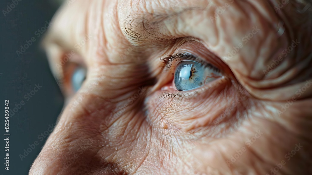 Naklejka premium closeup of senior womans face with wrinkles and cataract in eye healthcare concept