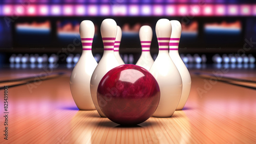 Red Bowling Ball and Pins on a Vibrant Bowling Lane