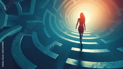 Female empowerment with a labyrinth leading to a bright exit