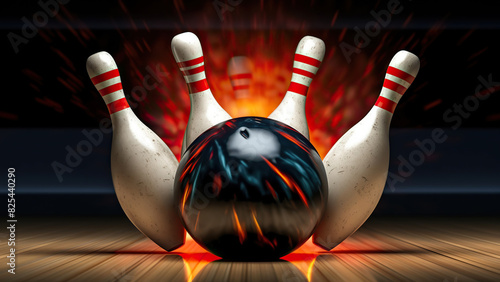 A red bowling fireball smashes pins in a bowling game. Strike