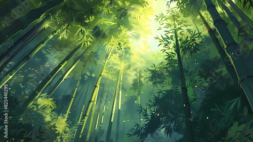 Illustrate a bird s-eye view of a serene bamboo forest  with towering bamboo stalks creating a tranquil green canopy and sunlight filtering through the foliage