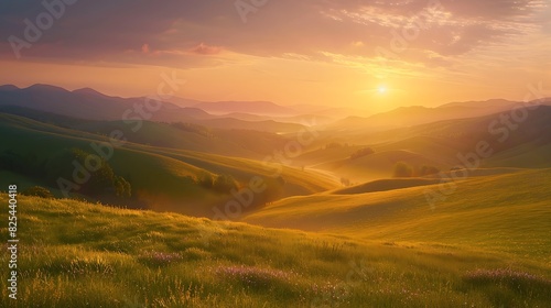 A serene countryside landscape with rolling hills and a sunset. 8k, realistic, full ultra HD, high resolution and cinematic photography © MuhammadAli