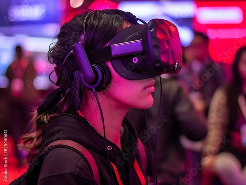 Woman wearing VR headset, exploring virtual world, technology, future © Montree